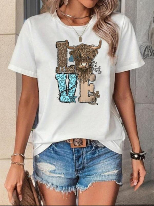 Women'S Letter & Bull Print round Neck Tee, Summer Clothes Women, Casual Short Sleeve Crew Neck T-Shirt for Summer, Women'S Top for Daily Wear